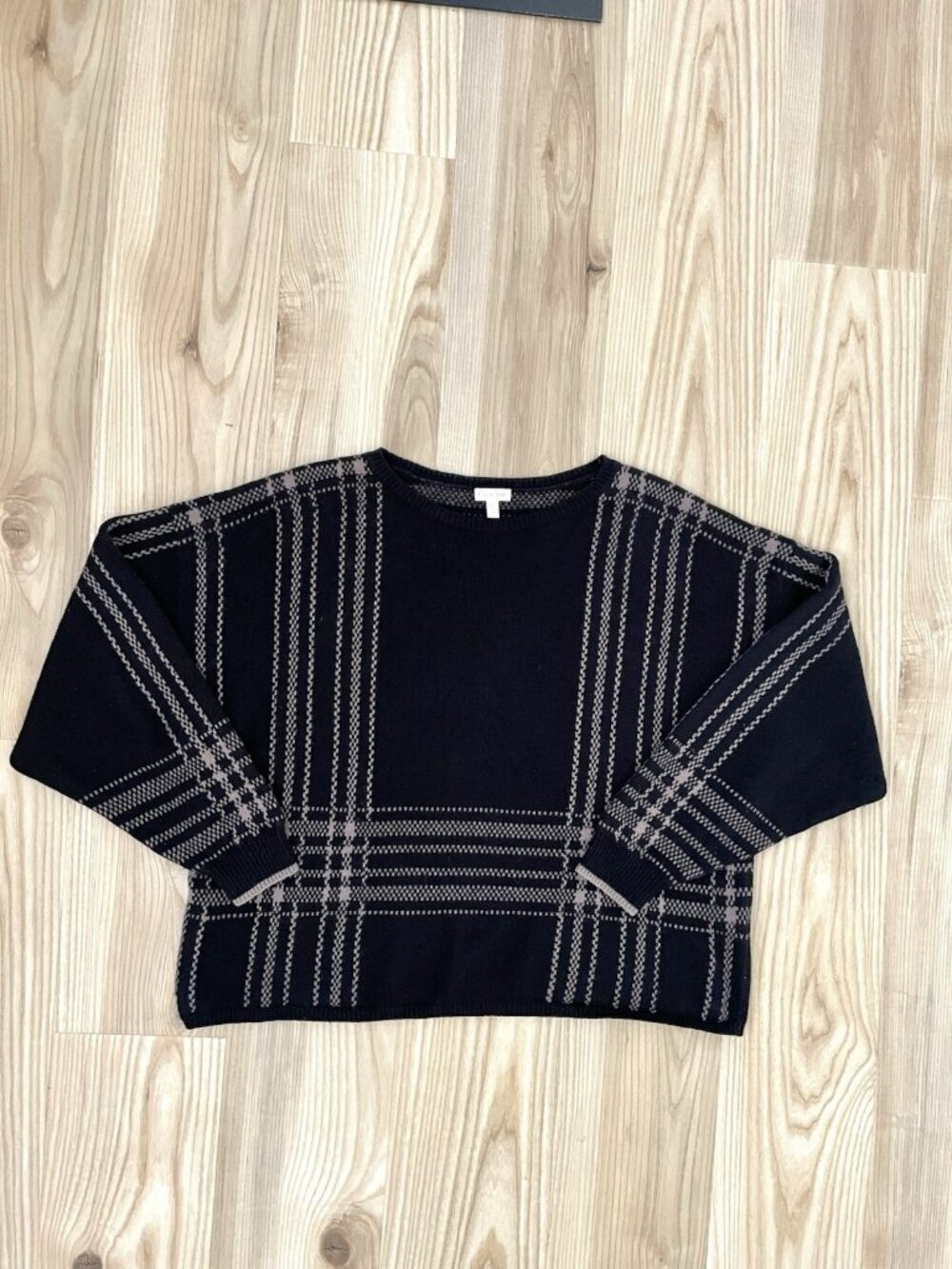 Garnet Hill Merino Wool Hemp Blend Boxy Relaxed Sweater Black Plaid size Medium